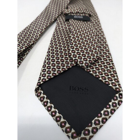 HUGO BOSS Men's Designer Silk Neck Tie Made In Italy Cream Brown Pink Geometric - Picture 4 of 6